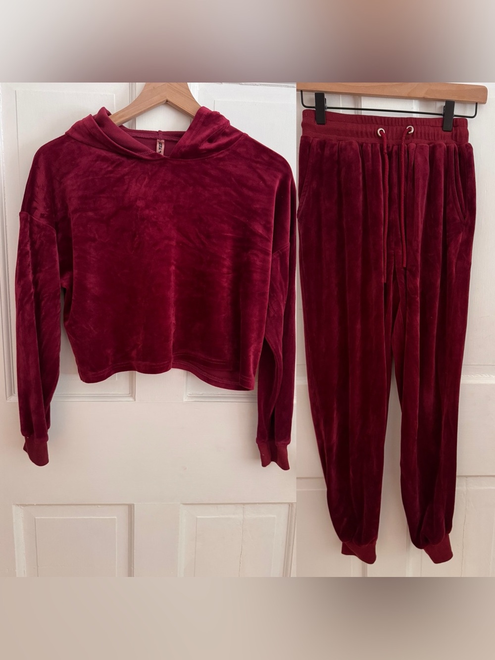 Emme Jordan Maroon Velour 2 Piece Tracksuit Set Small Cropped Hoodie Joggers